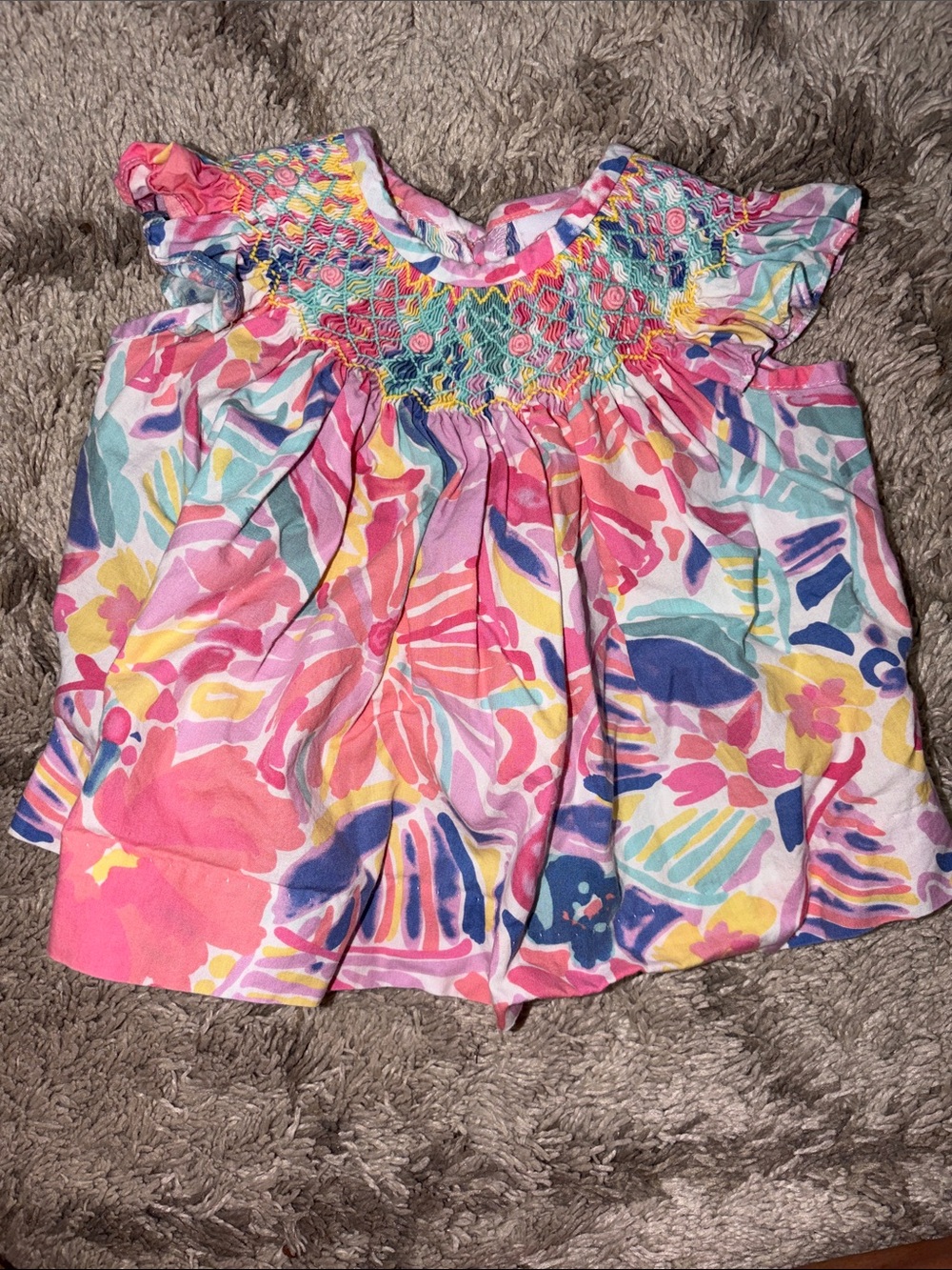 Stitchy Fish Smocked Flutter Sleeve Dress